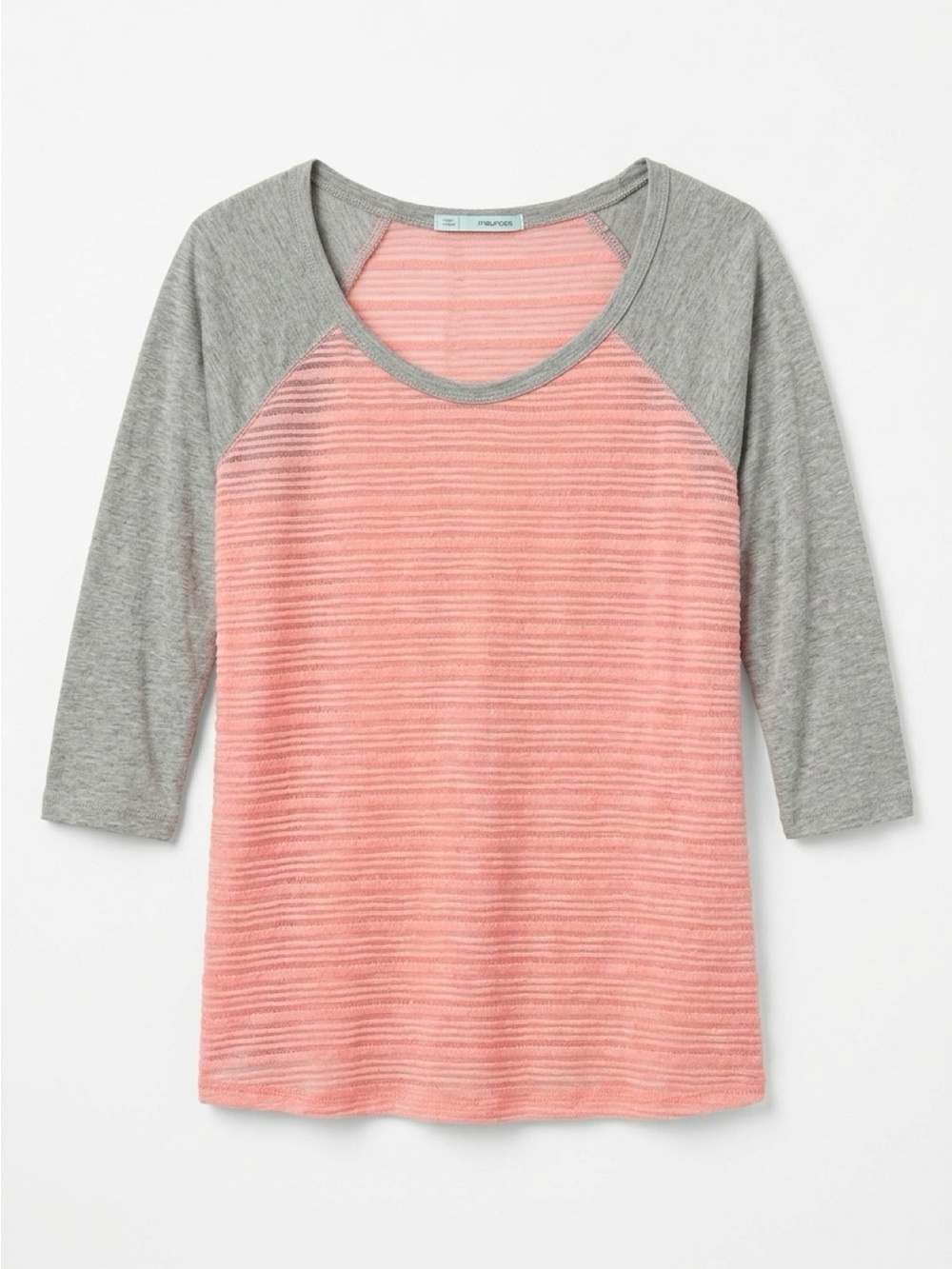 Madewell Coral Pink Stripe Raglan Tee with Heather Gray Sleeves